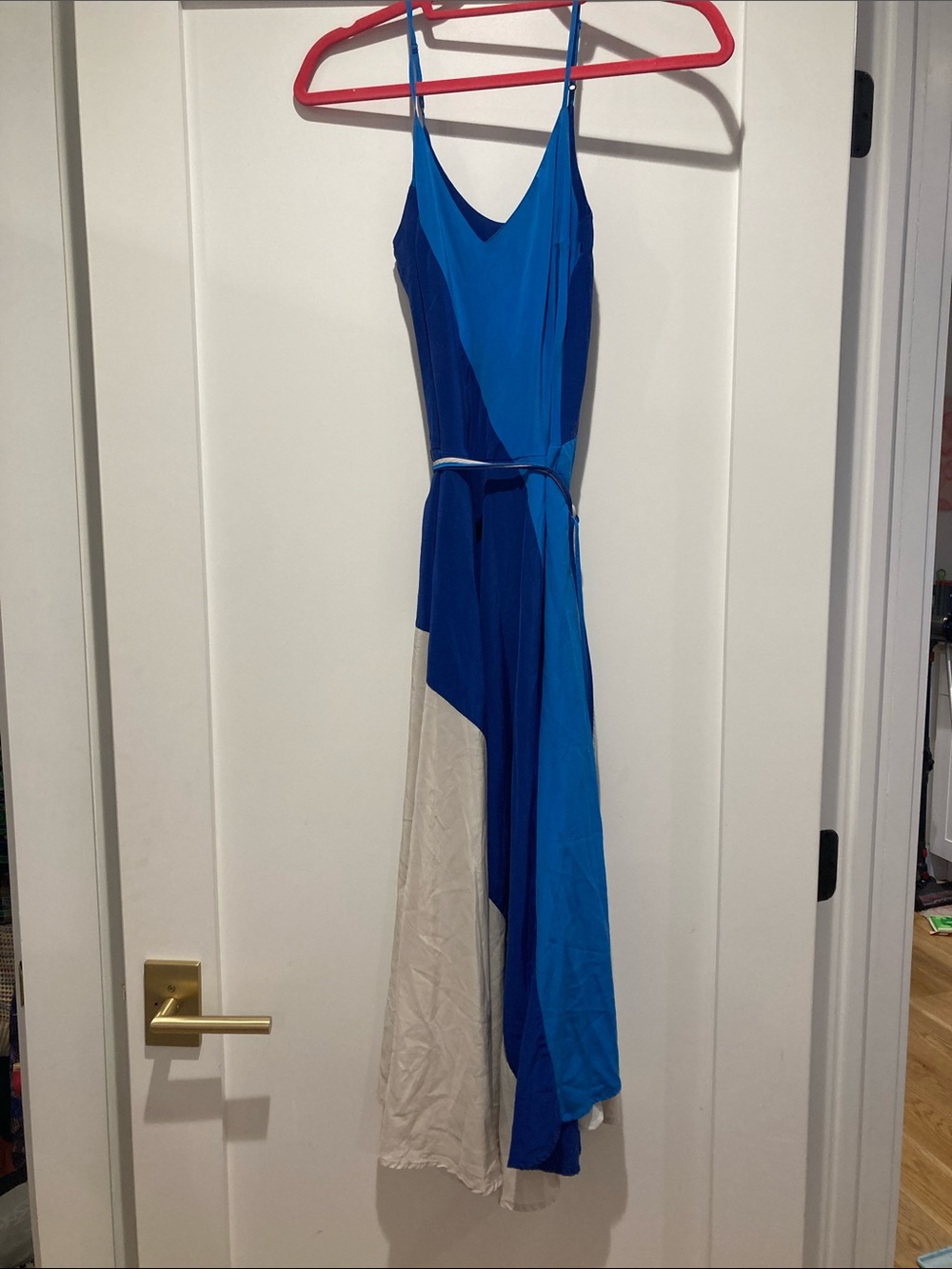 Tristan Blue Colorblock Spaghetti-Strap Maxi Dress with Belt